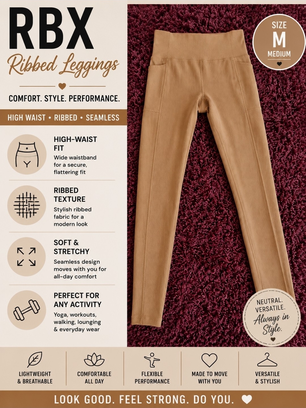 RBX Ribbed High-Waist Leggings - Tan